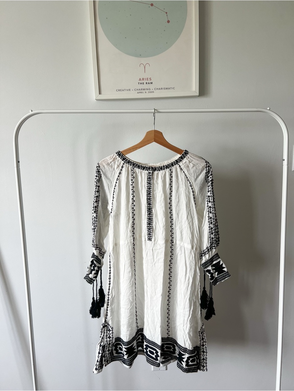White Boho Embroidered Tunic Dress with Black Folk Stitching
